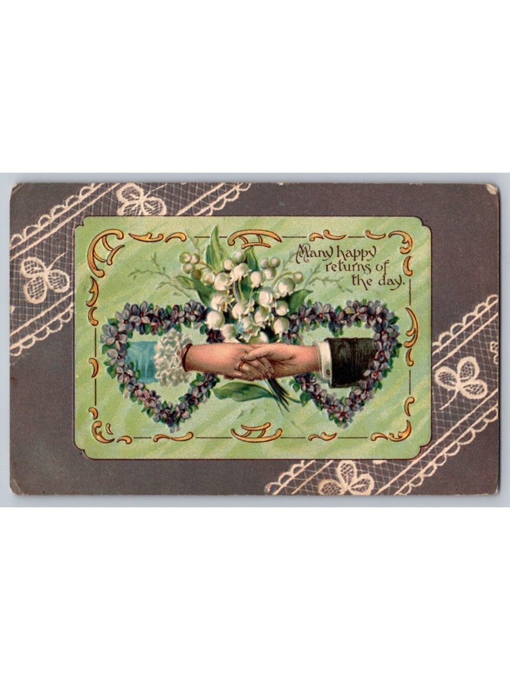 Antique Birthday Postcard Shaking Hands Lily of Valley 1910 Canada to Colorado